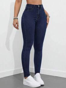 SHEIN PETITE Women's Casual Washed Skinny Jeans - Dark Wash - View 6