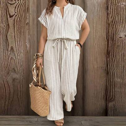 Large-Sized Woven Striped Vacation Casual Women's Jumpsuit Linen…