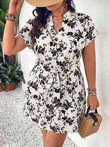 SHEIN Frenchy 夏季加大码度假蝙蝠袖V领系腰连衣裙 - 彩色 - 查看 5