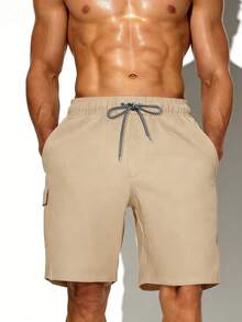 Manfinity KASUA Men's Drawstring Waist Cargo Pocket Casual Beach Shorts - Khaki - View 4