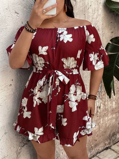 Breezaya Mono elegante de gasa con hombros descubiertos, cinturón y para vacaciones en la playa, talla grande