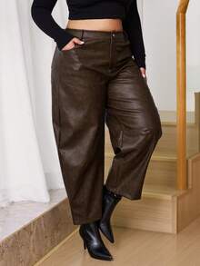 SHEIN Tall CURVE 大码女式时尚PU弯曲裤棕色皮裤女式皮裤，棕色裤子，休闲女式，优雅，毕业典礼 - 棕色 - 查看 6