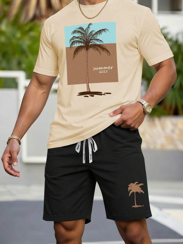 Manfinity RSRT Men's Coconut Tree Print Round Neck Short Sleeve T-Shirt And Shorts Set, Summer Vacation