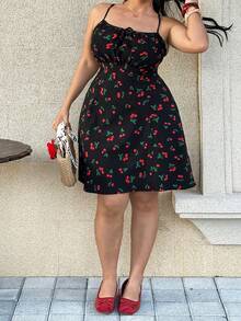 SHEIN EZwear Vestito casual a canotta con stampa di ciliegie e laccio frontale, taglie comode per donna - nero - Visualizzare 6