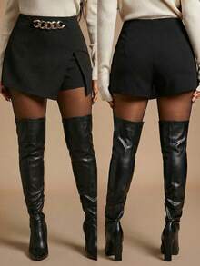 SHEIN SXY Váy ngắn nữ màu trơn, có dây xích kim loại trang trí eo và xẻ tà bên hông. - màu đen - Xem 6