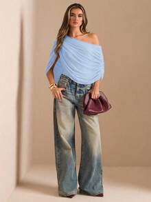 SHEIN BAE 秋冬季纯色棕色/咖啡色褶皱修身优雅连体衣，紧身显瘦连体衣，垂褶上衣 - 淺藍色 - 查看 3