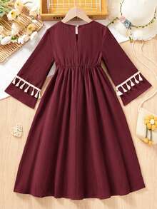 SHEIN Đầm dài tay cổ vuông, tua rua, họa tiết hoa phối hợp, phong cách thường ngày cho bé gái đi nghỉ mát. - Màu Đỏ Sâu - Xem 2
