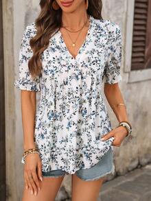 EMERY ROSE Damen V-Ausschnitt Blumen Muster Lässig vielseitig Alltagskleidung Hemd Sommer Oberteile Urlaubsoutfits Damen Sommerurlaub Outfits Urlaubsoutfits für Damen V-Ausschnitt Blusen für Damen Damen Blusen Sommer Kurzarm Sommer Oberteile V-Ausschnitt Tops Sommer Lässig Tops Urlaubsoutfits Damen Ausgeh-Oberteile für Damen - Verschiedenfarbig - Übersicht 4