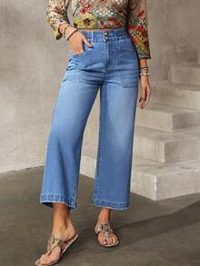 EMERY ROSE 女士休闲日常通勤百搭拼接口袋宽松阔腿牛仔裤 - 藍色 - 查看 5