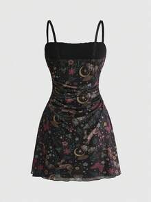 ROMWE Fairycore Spring/Summer Women's Retro Mori Style Rabbit, Moth, Leaf Print Short Dress - Brown - View 2