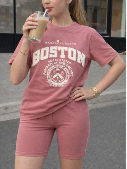 Conjunto 2 piezas deportivo estampado graficos short tipo biker y playera oversize Conjunto informal de niña preadolescente con camiseta de cuello redondo de manga corta con estampado de letra