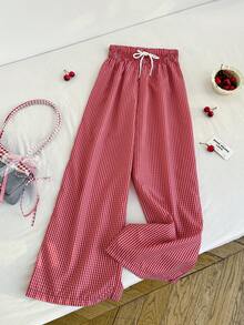 Sweetra 女士新年、夏季、万圣节、圣诞节、感恩节服装，新品上市，适合派对、通勤、日常、度假、海滩、休闲穿着。女士夏季沙滩裤，红白格子裤，红色裤子搭配白色扭结蝴蝶结腰带设计，宽松裤腿，休闲度假海滩时尚裤 - 紅白色 - 查看 2