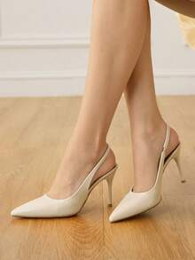 CUCCOO SZL 杏色尖头细高跟后系带露跟高跟鞋，简约时尚女式高跟鞋，适合婚礼、派对、宴会等场合。 - 米色 - 查看 6