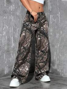 SHEIN PETITE Women's All-Over Print Slant Pocket Casual Wide Leg Jeans - Multicolor - View 3