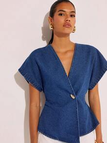 COSMINA 女式单扣蝙蝠印花短袖休闲牛仔衬衫 - 深色水洗藍 - 查看 3