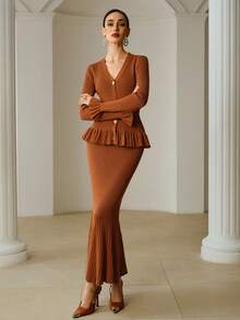 ZEYLAH 女士优雅高档毛衣半裙两件套 - 鏽棕色 - 查看 4