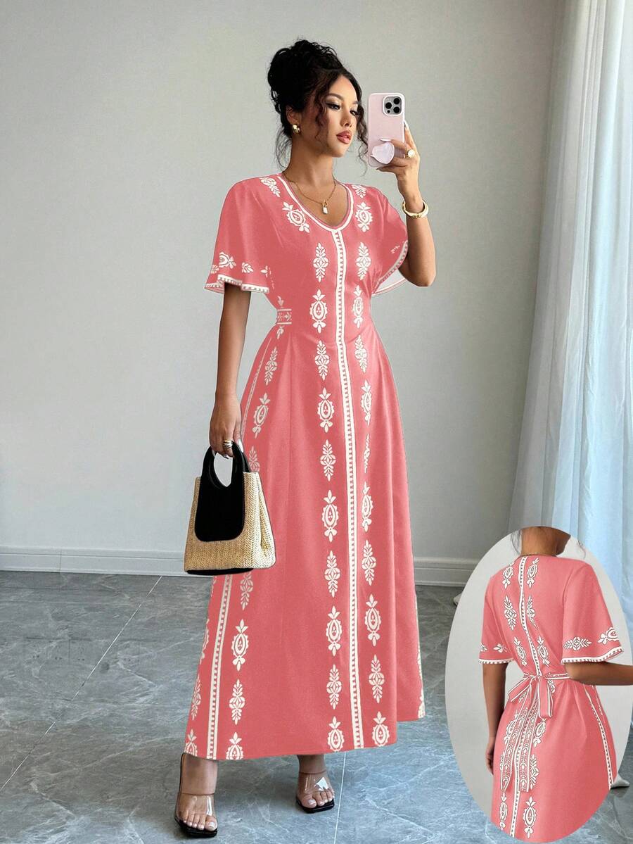 Elenzga Đầm nữ in họa tiết cổ chữ V thanh lịch mới - Hồng - Xem 1