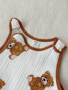 SHEIN 新生儿男/女宝宝可爱卡通熊印花无袖连体衣，夏季 - 棕色 - 查看 4
