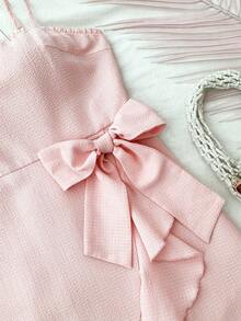 SHEIN 少女连衣裙，纯色梭织泡泡褶双层裙摆，休闲吊带法式仙女裙，优雅蛋糕裙，适合日常休闲穿着、上学、度假、派对、生日、情人节、婚礼季、公主裙、儿童情人节 - 粉色 - 查看 5