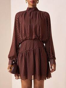 Zivah 2026 Spring/Summer New Music Festival, Easter, St. Patrick's Day, Valentine's Day, Date, Western, Nomadic, Birthday Party, Graduation, College, Student, Daily Wear, Basic Versatile, Casual, Vacation, Cruise Travel, Beach, Sunbathing, Viral , Streetwear, Wedding Guest Boho, Commute, Brunch, Airport, Party, Holiday Outing, Office Wear Brown Mini Dress With Stand Collar, Ruffle, Pleated, Mesh Polka Dot A-Line Long Sleeve - Brown - View 6