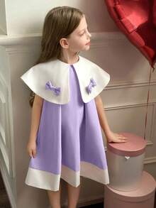 Elladie kids Young Girls White Collar Bow Design Loose A-Line Dress - Mauve Purple - View 3