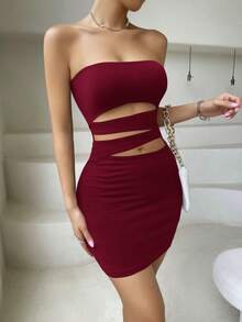 Chiquease 纯色修身镂空露脐吊带连衣裙，时尚夏季 - 酒紅色 - 查看 5