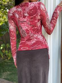 Sunnyshic 女士V领裹身系带腰果花印花度假风长袖T恤 - 酒紅色 - 查看 2