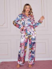 情人节可爱卡通猫图案翻领开衫女士睡衣套装 - 彩色 - 查看 4