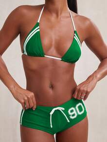 NYA SZN Bộ bikini hai mảnh dây buộc ngắn, kiểu dáng thể thao kẻ sọc, thích hợp cho kỳ nghỉ biển, màu đỏ dành cho nữ. - màu xanh lá - Xem 6