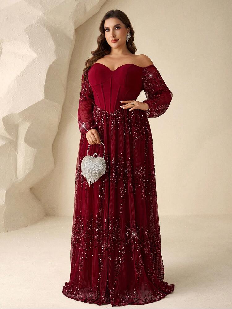 Coutiva Đầm dạ hội thanh lịch, trễ vai, tay dài, hở lưng, xếp ly ở gấu váy, đính sequin, thích hợp cho khách dự đám cưới, lễ tốt nghiệp, dạ hội, tiệc tựu trường, sự kiện thảm đỏ, v.v. - Màu Đỏ Sâu - Xem 4
