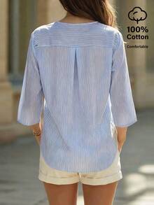 Balvessa 女士休闲V领七分袖条纹棉质衬衫 - 藍白色 - 查看 2