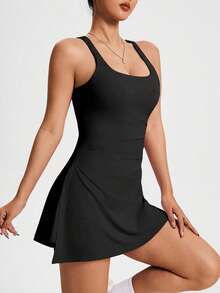 CourtClass 女士纯色荷叶边休闲运动连衣裙 - 黑色 - 查看 6