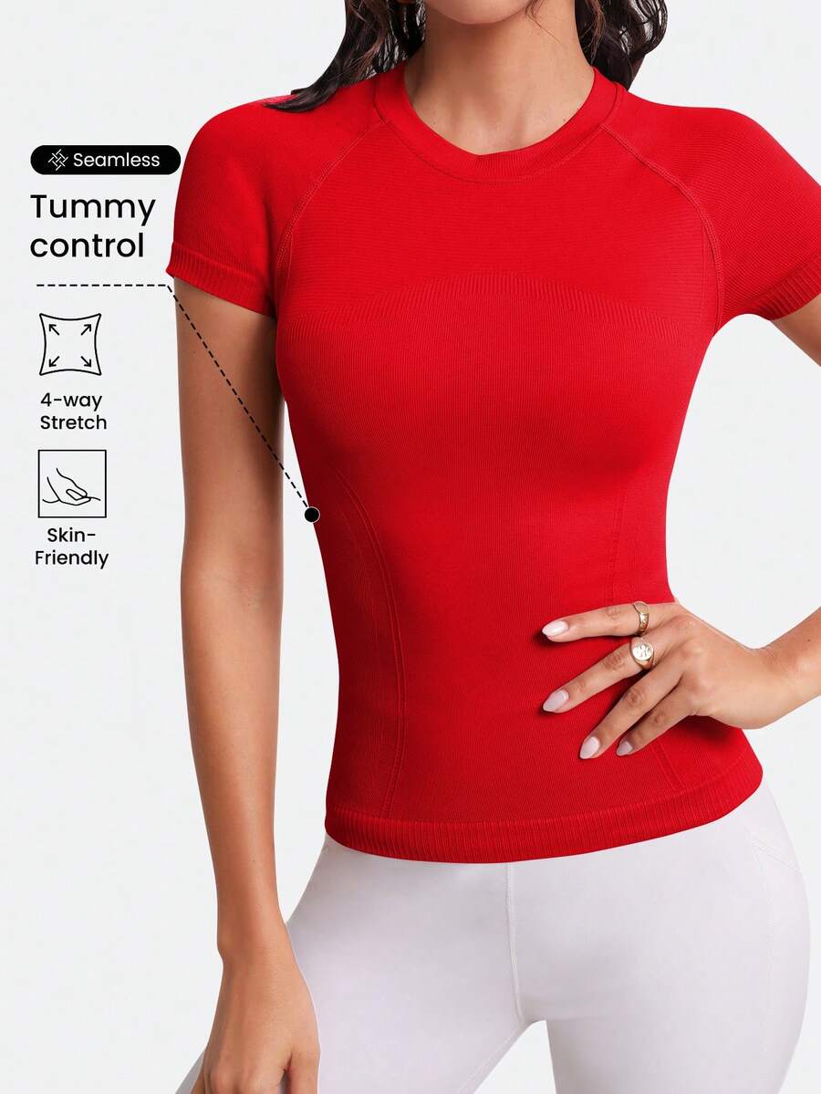 Easithlete Áo thun thể thao hở một bên vai Áo thun tập gym Áo thun bó sát Áo ba lỗ tập luyện - Đỏ - Xem 1