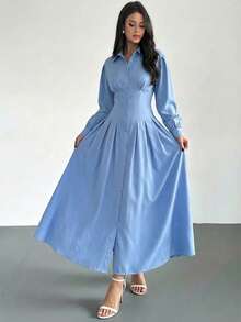 Firerie 女士休闲优雅系带纽扣连衣裙，适合通勤/蓝色A字裙/流行色/春季服装/教师装/精致衬衫裙/女士休闲连衣裙/显瘦连衣裙/女士正式连衣裙 - 藍色 - 查看 2