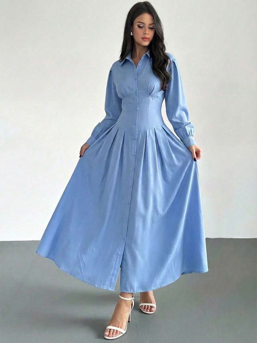 Firerie 女士休闲优雅系带纽扣连衣裙，适合通勤/蓝色A字裙/流行色/春季服装/教师装/精致衬衫裙/女士休闲连衣裙/显瘦连衣裙/女士正式连衣裙