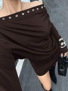 Siren Gaze 女士纯色斜肩镂空设计长袖时尚迷你连衣裙 - 咖啡棕 - 查看 5