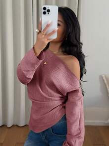 Siren Gaze Women's Solid Color Asymmetric Neck Ruffle Long Sleeve Top,Pink Top - Pink - View 3