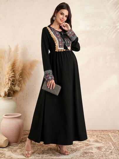 SHEIN Printed Fringe Maxi Loose Casual Maternity Dress