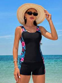 Swim Lushoire 2pcs Women's Vintage Floral Print Patchwork Vacation Mature Style Camisole Bikini Set, Classic Camisole Bikini Two Pieces Suit, Spring/Summer - Black - View 3