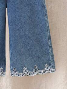 SHEIN Countryside Style Peter Pan Collar Girls Outfit, Baby Girl Fashion Embroidered Hem Sleeveless Top And Long Pants 2-Piece Set - Medium Wash - View 7