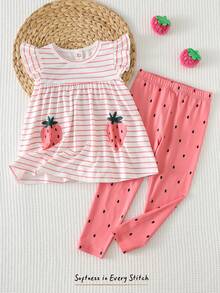 Cozy Pixies Young Girl Strawberry Pattern Knit Soft Round Neck Sleeveless Tank Top And Elastic Waist Printed Pants 2 Pieces Set - Pink - View 3
