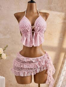 Bellisia 女士春夏沙滩罩裙，清新甜美俏皮镂空蕾丝多层荷叶边蛋糕裙，甜美可爱，性感优雅，适合沙滩、度假、日常穿着。2026新款女士泳装到货，适合上学、度假、约会、下午茶、西式、邮轮、海岛、公路旅行、四季皆宜、音乐节、波西米亚风度假、凉爽秋季、西部波西米亚风，优雅女士活力假日彩色印花波西米亚风 - 淺粉色 - 查看 1