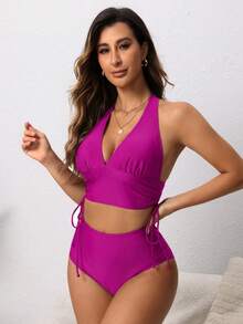 Swim Lushoire Women's Sexy Beach Vacation Style Solid Color Adjustable Drawstring Bikini Set, Summer - Violet Purple - View 3