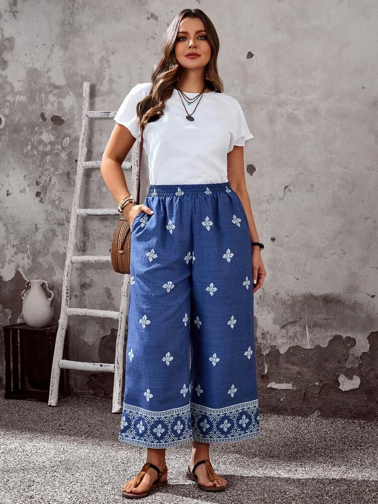 Plus Size Women's Summer Casual Vacation Country Floral Print Casual Pants With Pockets, Suitable For Summer And Autumn/Vacation,Summer Holiday,Spring Break, Vacation Women, Holiday For Women,Going Out,2026 New,Simple And Fashionable For Everyday Wear, Wide Leg Summer Pants, Boho Pants For Women,Suitable For Summer, Vacation,Daily Wear,Blue Pants,Beach For Women