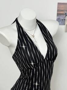 Elamini Women's Rhinestone Embellished Ruffle Hem Halter Neck Dress Black And Silver Dress Black And White Dress Women Black See Through Dress Halter Dress Women's Party Dress - Black - View 6