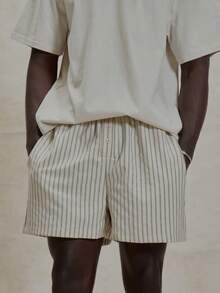 Musero Quần short kiểu boxer cài cúc phía trước, kẻ sọc, cạp chun, thích hợp cho mùa xuân hè, phong cách đi biển. - Nhiều màu - Xem 1