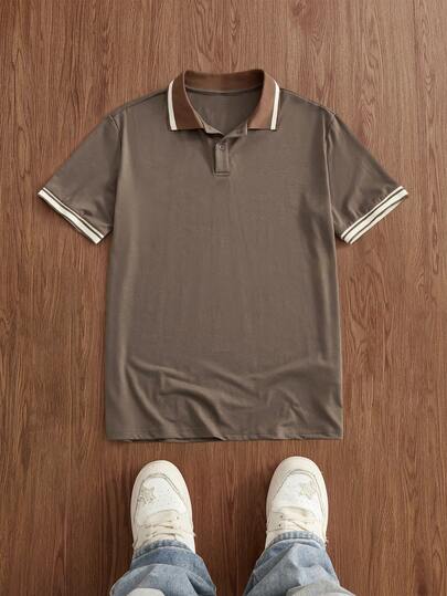 Manfinity Unisex Camisa polo de punto de manga corta a rayas casual y de oficina para hombres, camiseta de verano para hombres de color marrón, camiseta de cuello T para hombres, camiseta casual de manga corta de unicolor para hombre para oficina, camisa polo de golf para hombres