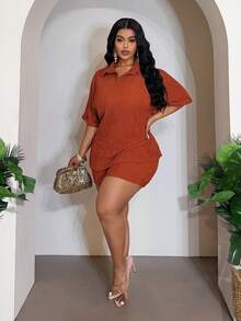 Slaydiva Bộ đồ 2 món mùa Xuân/Hè mới: Áo thun cổ bẻ dáng rộng với tay áo xắn lên và quần short ôm sát, chất liệu vải dệt kim co giãn, thích hợp mặc thường ngày/đi biển/thể thao, cỡ lớn - Màu nâu, trang phục mùa hè. - Rỉ Nâu - Xem 5