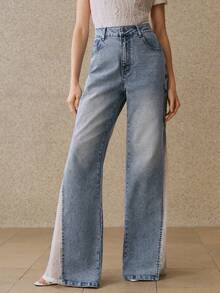 Anewsta 女士优雅花卉刺绣蕾丝拼接浪漫派对度假蓝色喇叭牛仔裤，春夏款 - 藍色 - 查看 4