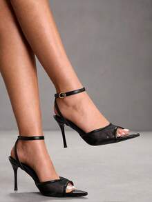 CUCCOO SZL 2025新款网面露趾高跟凉鞋，时尚绑带性感细高跟网面夏季女鞋 - 黑色 - 查看 1